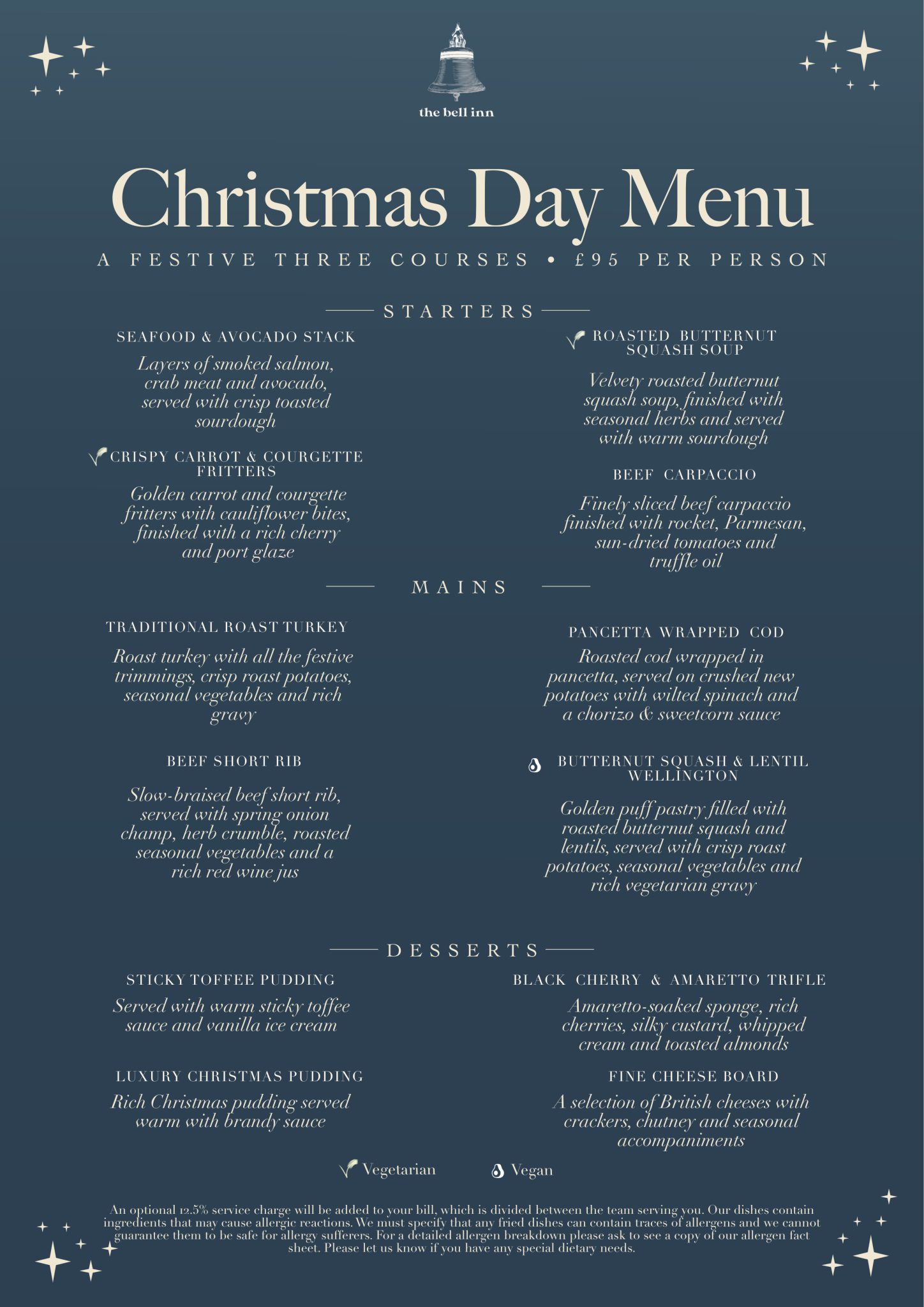 Christmas Day Menu 2026, three courses, ninety five pounds per person