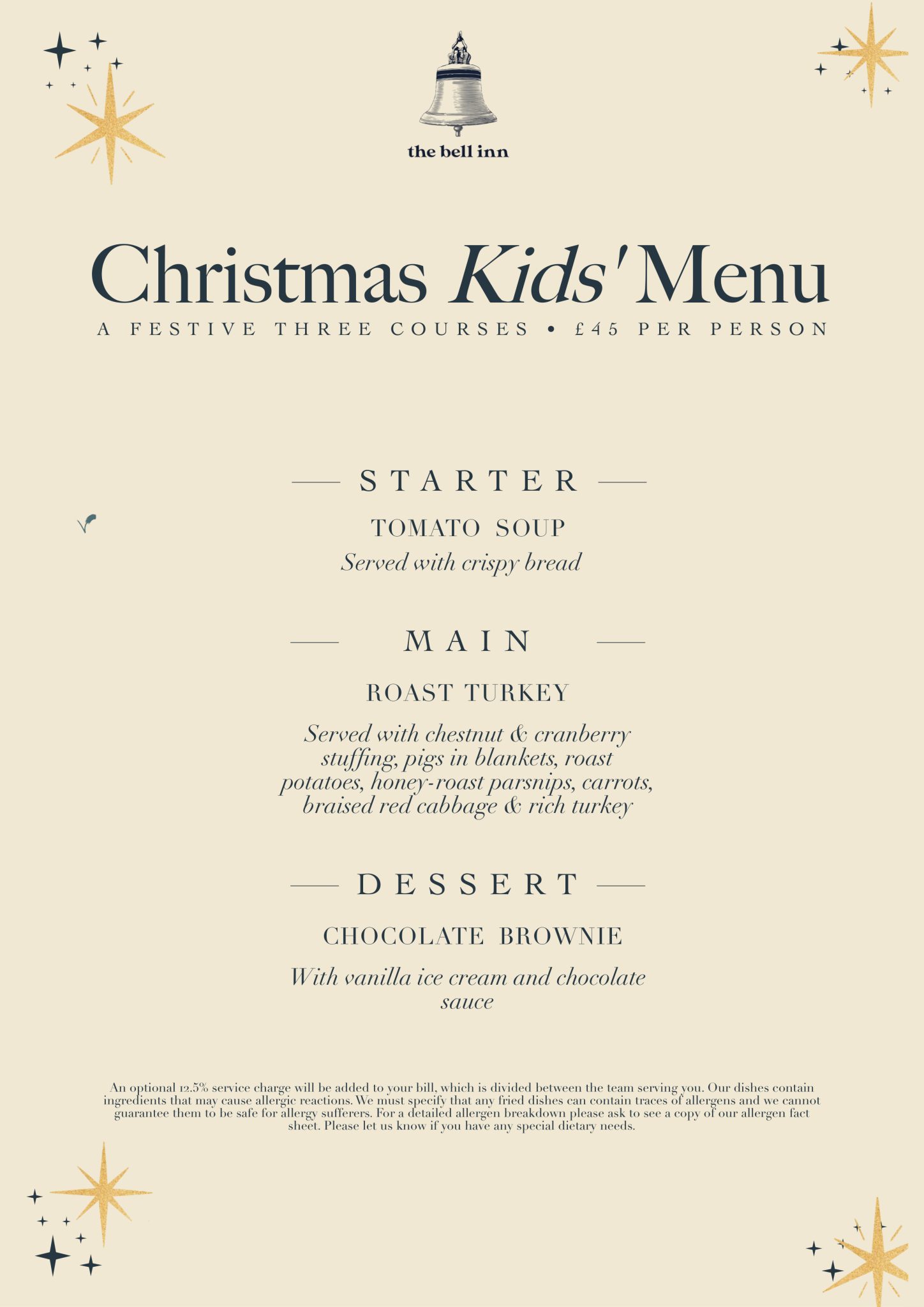 Christmas Kids' Menu 2026, three courses, forty five pounds per child