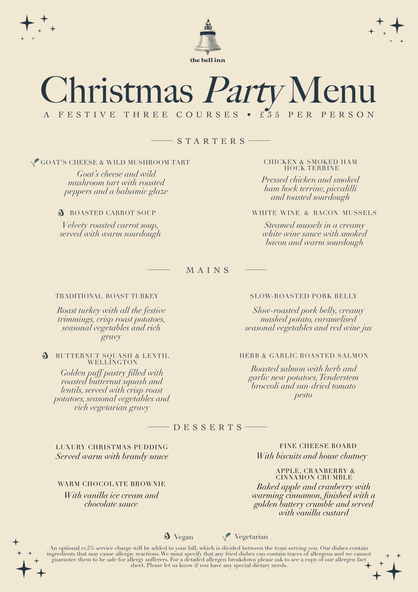 Christmas Party Menu 2026, three courses, thirty five pounds per person