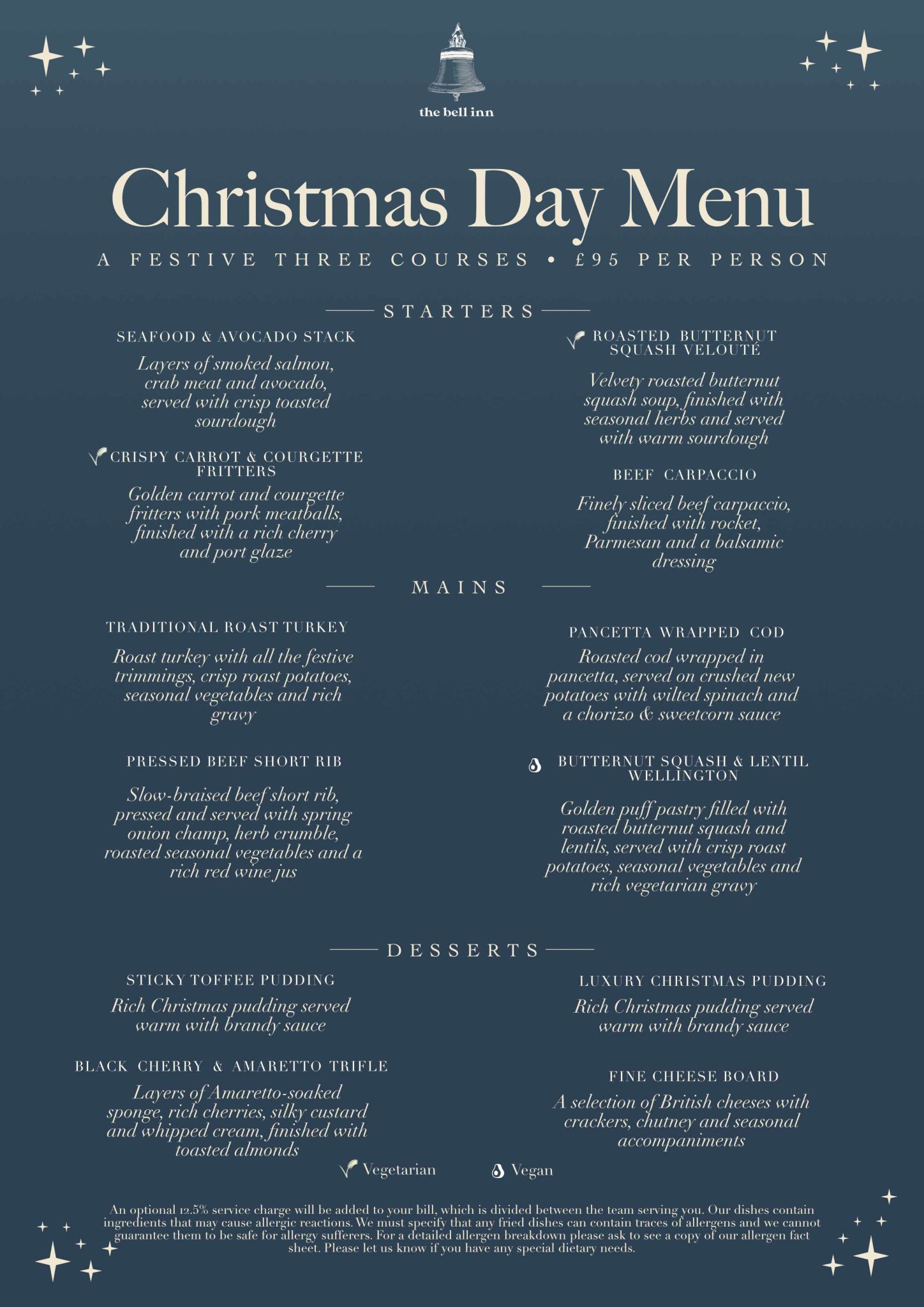 Christmas Day Menu 2026, three courses, ninety five pounds per person