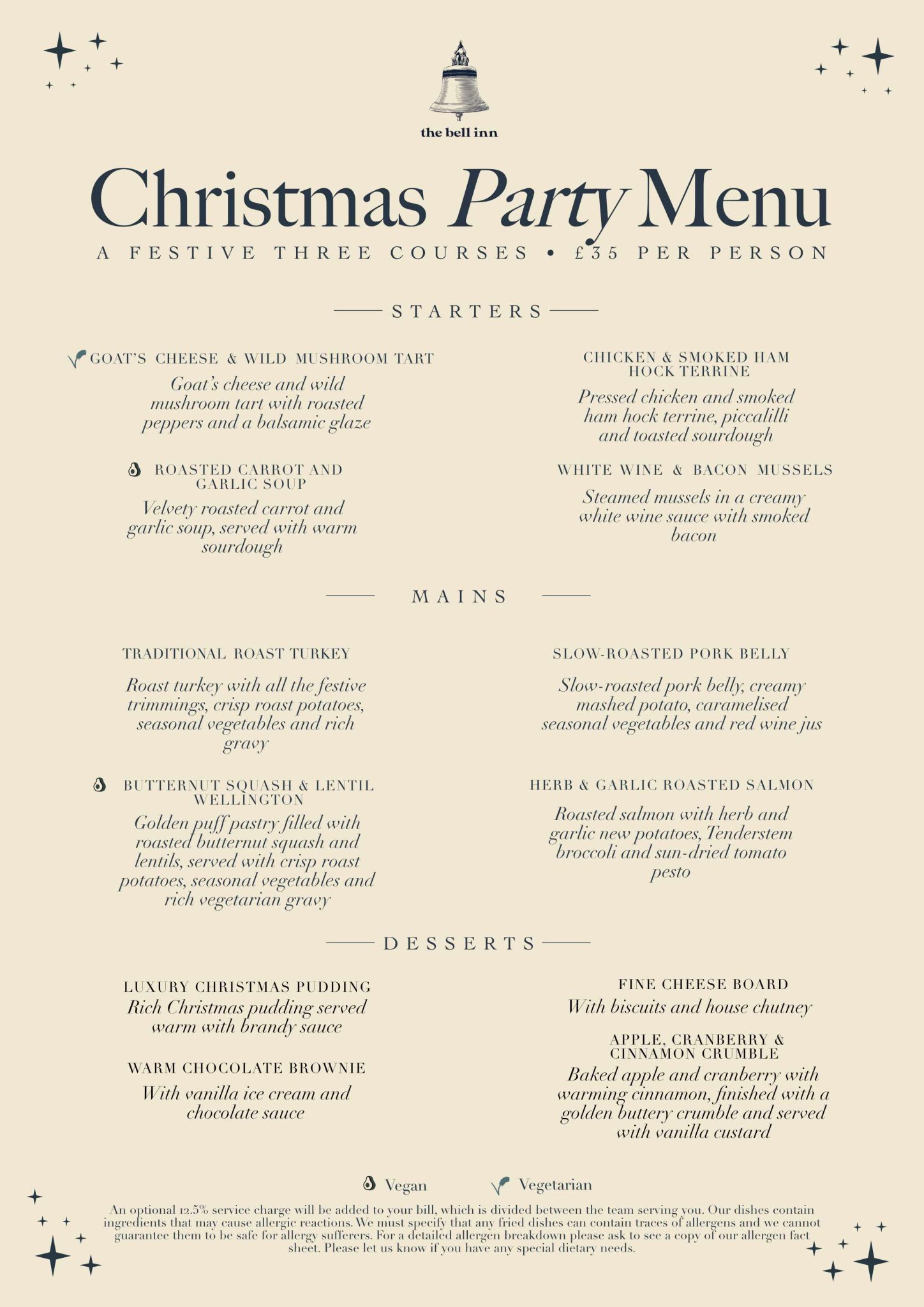 Christmas Party Menu 2026, three courses, thirty five pounds per person