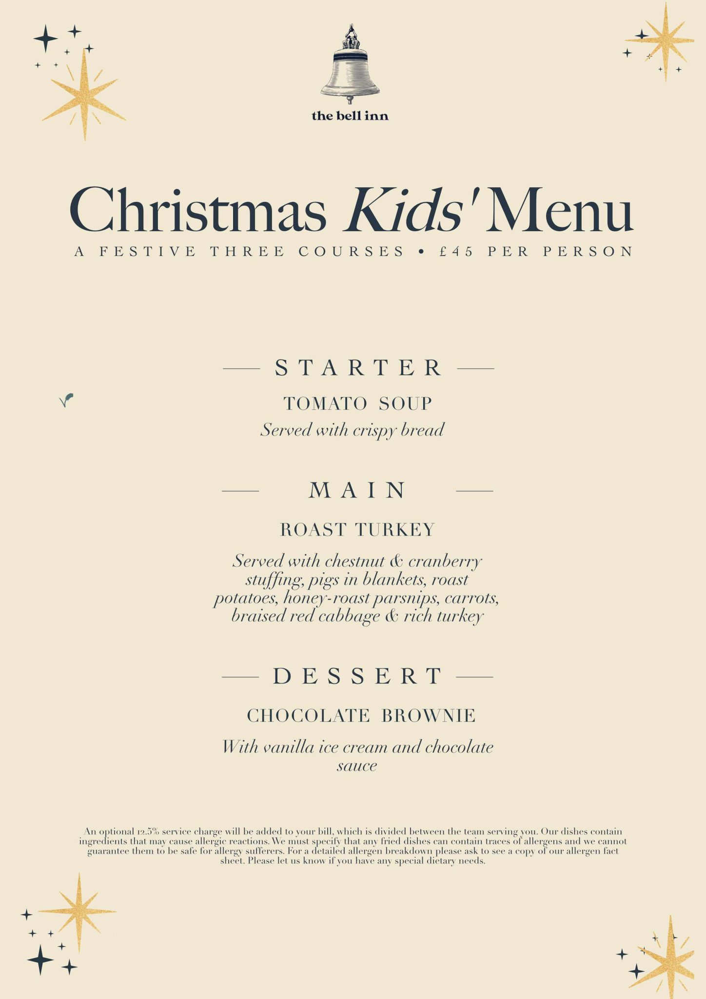 Christmas Kids' Menu 2026, three courses, forty five pounds per child